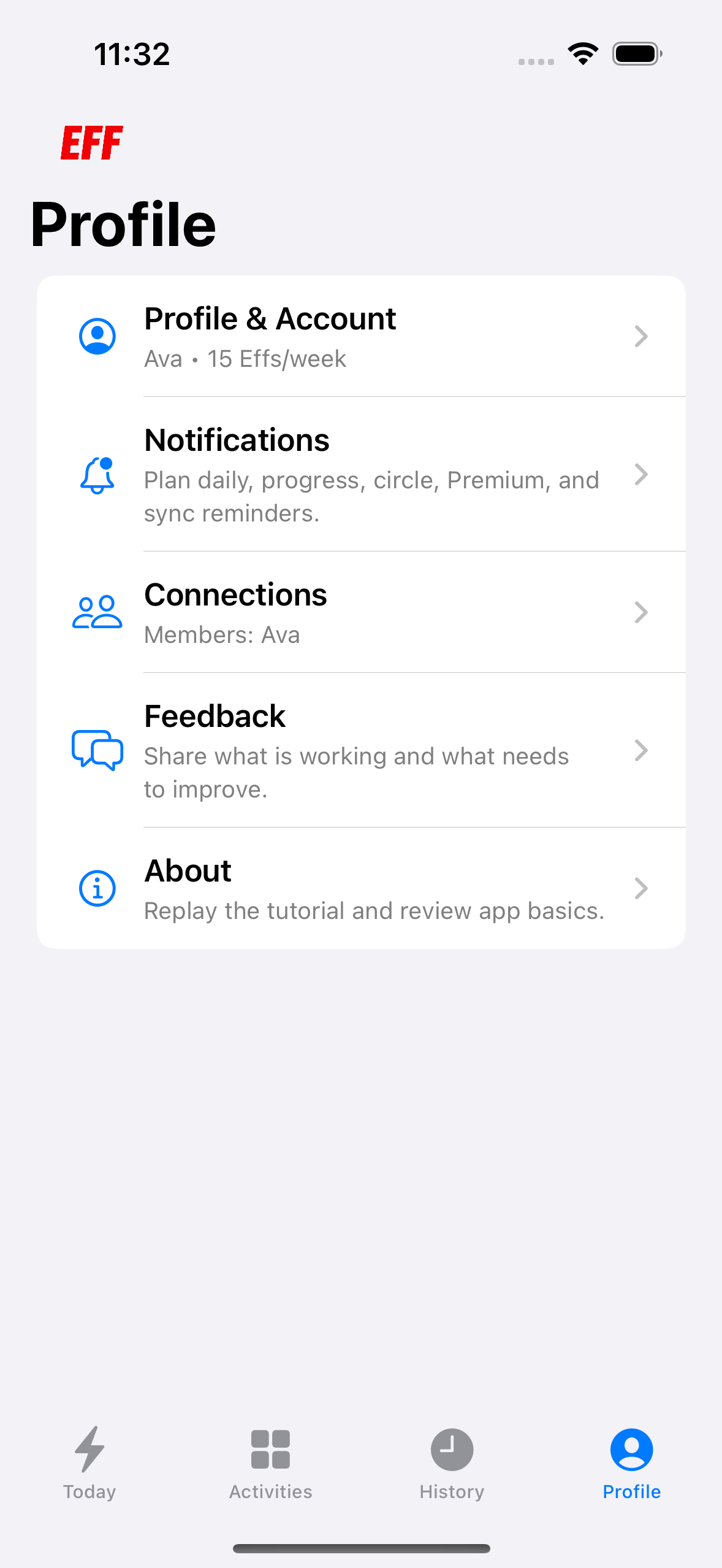 Effs Profile screen with settings and Connections