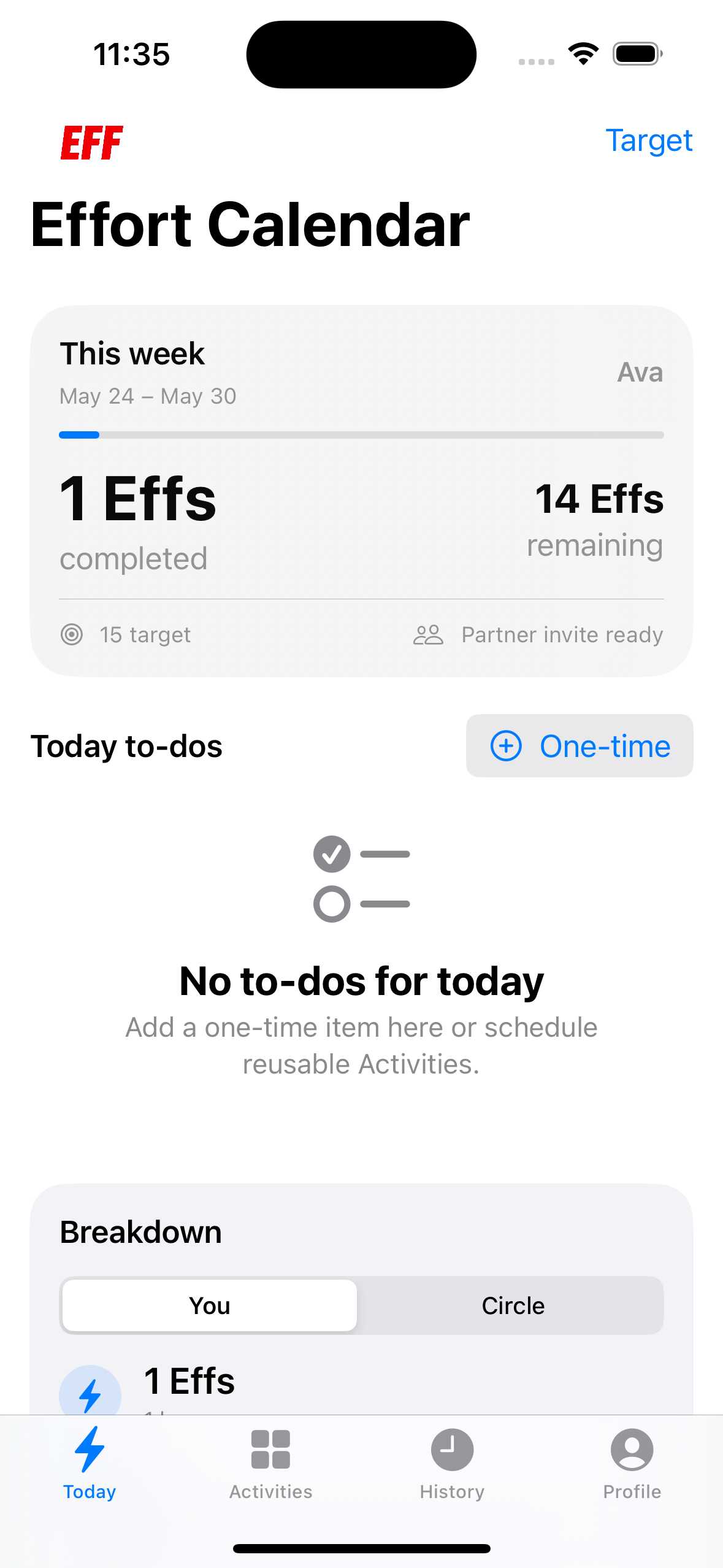 Effs Today screen showing weekly progress and planned Activities